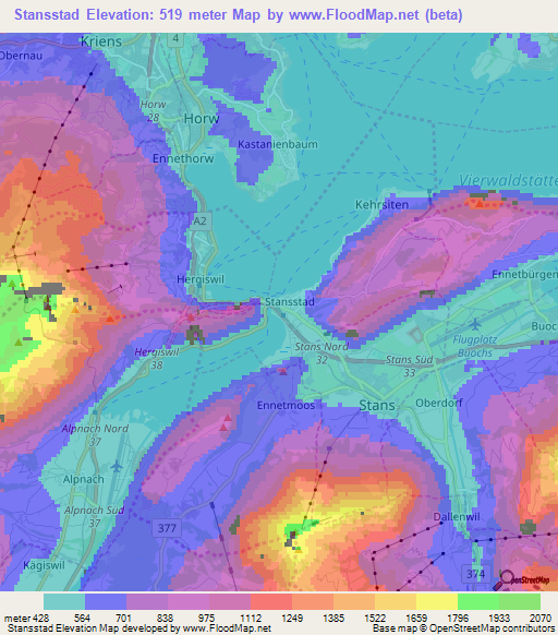 Stansstad,Switzerland Elevation Map