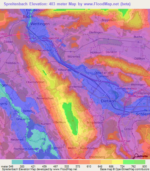 Spreitenbach,Switzerland Elevation Map