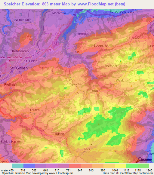 Speicher,Switzerland Elevation Map