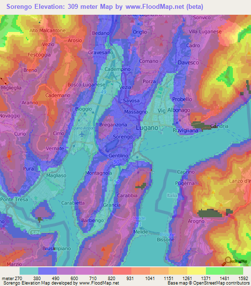 Sorengo,Switzerland Elevation Map