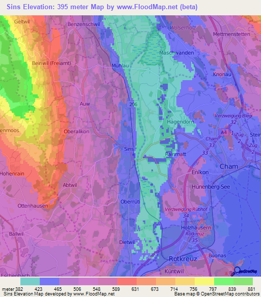 Sins,Switzerland Elevation Map