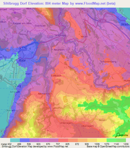 Sihlbrugg Dorf,Switzerland Elevation Map