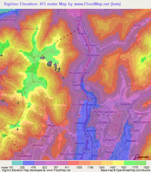 Sigirino,Switzerland Elevation Map