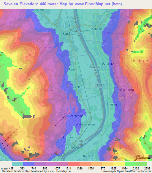 Sevelen,Switzerland Elevation Map