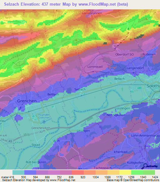 Selzach,Switzerland Elevation Map
