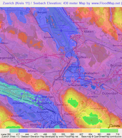 Zuerich (Kreis 11) / Seebach,Switzerland Elevation Map