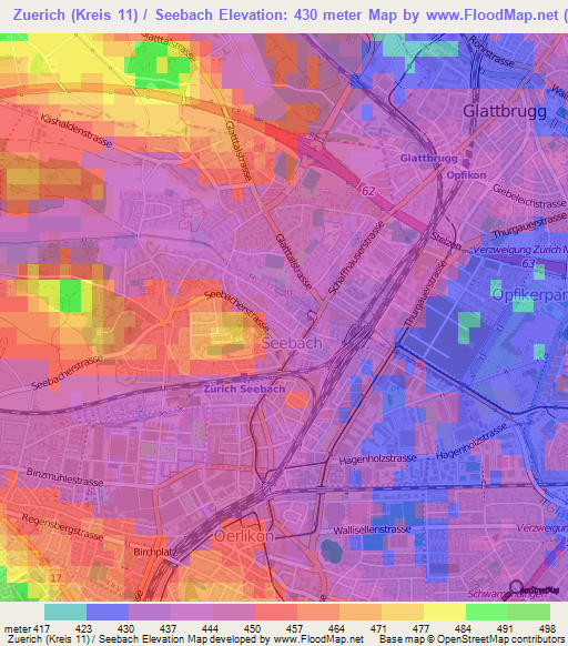 Zuerich (Kreis 11) / Seebach,Switzerland Elevation Map