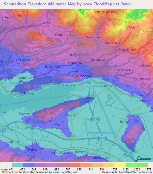 Schmerikon,Switzerland Elevation Map