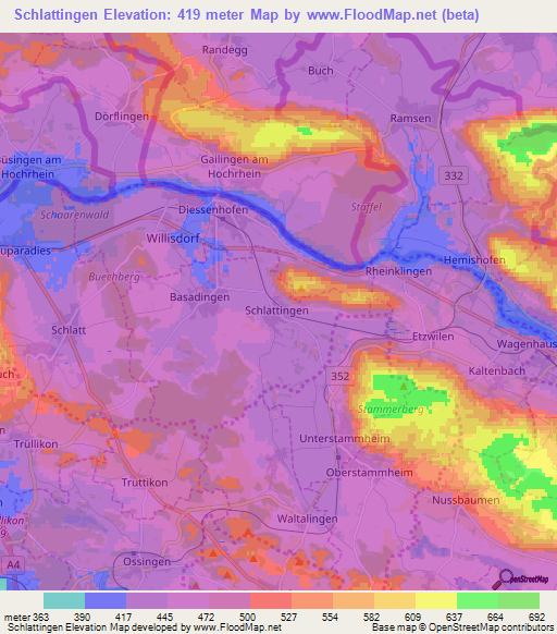 Schlattingen,Switzerland Elevation Map