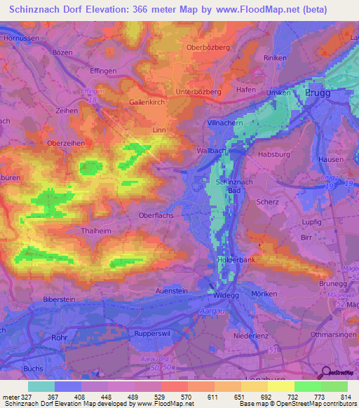 Schinznach Dorf,Switzerland Elevation Map