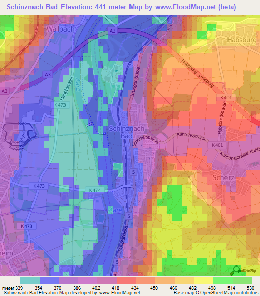 Schinznach Bad,Switzerland Elevation Map