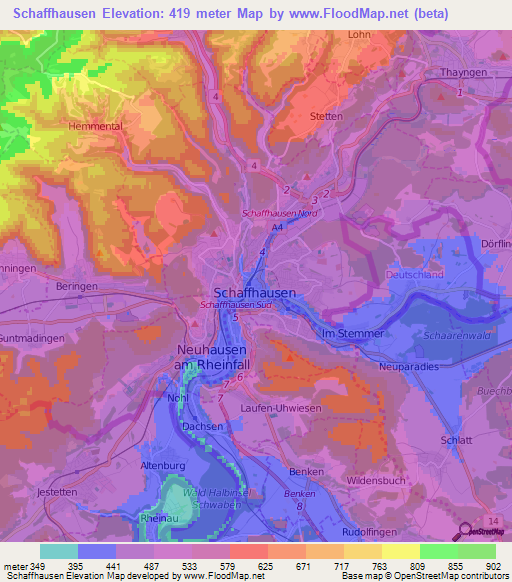 Schaffhausen,Switzerland Elevation Map