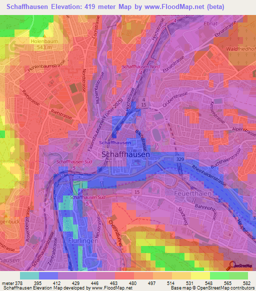 Schaffhausen,Switzerland Elevation Map