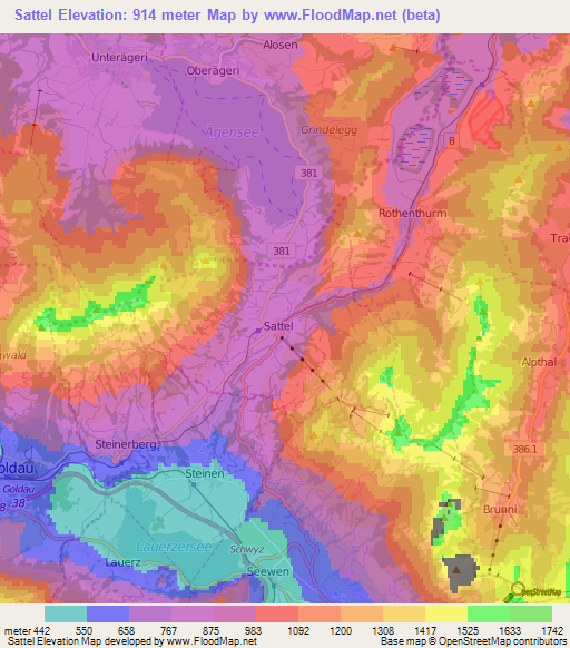 Sattel,Switzerland Elevation Map