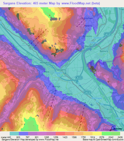 Sargans,Switzerland Elevation Map