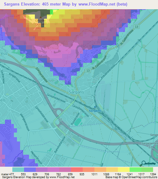 Sargans,Switzerland Elevation Map