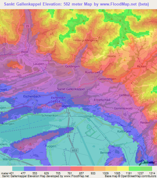 Sankt Gallenkappel,Switzerland Elevation Map