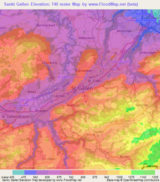 Sankt Gallen,Switzerland Elevation Map