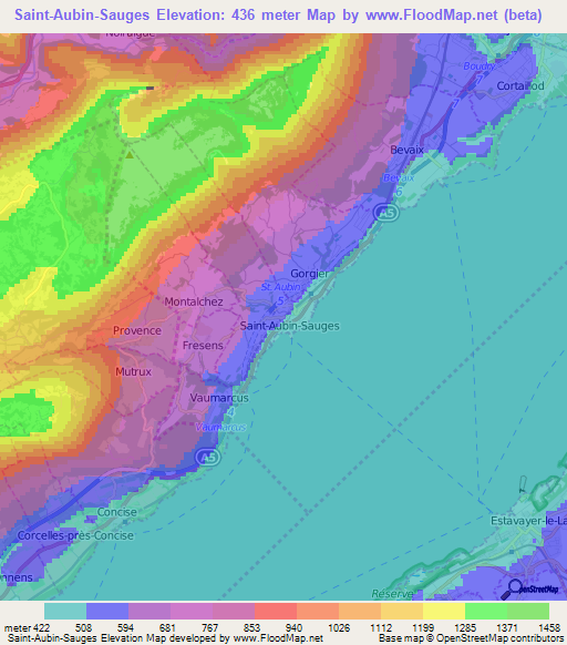 Saint-Aubin-Sauges,Switzerland Elevation Map