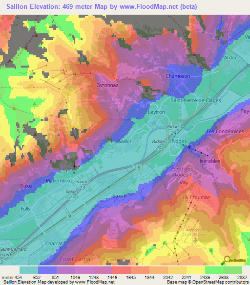 Saillon,Switzerland Elevation Map