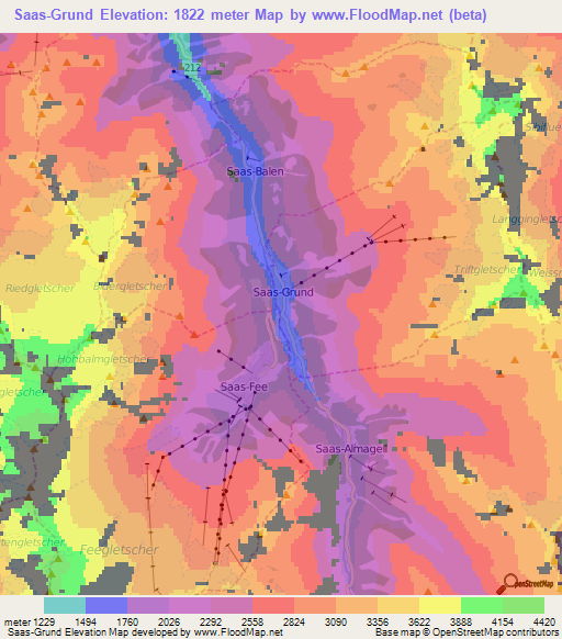 Saas-Grund,Switzerland Elevation Map