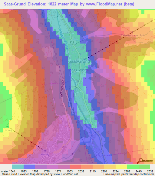 Saas-Grund,Switzerland Elevation Map