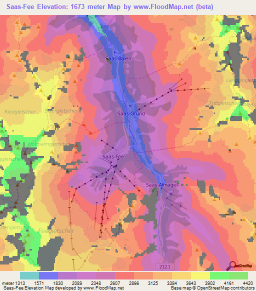 Saas-Fee,Switzerland Elevation Map