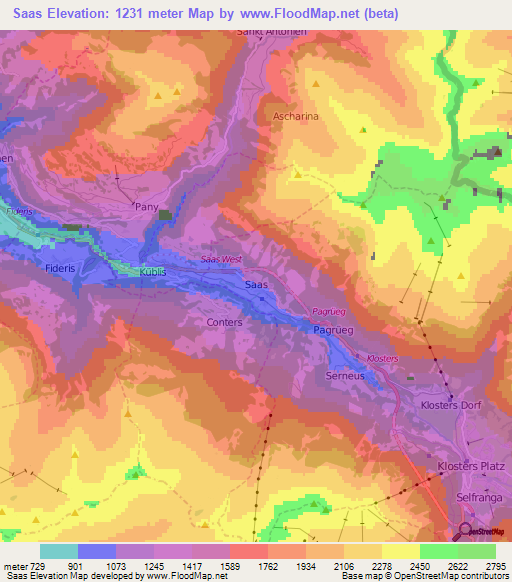 Saas,Switzerland Elevation Map