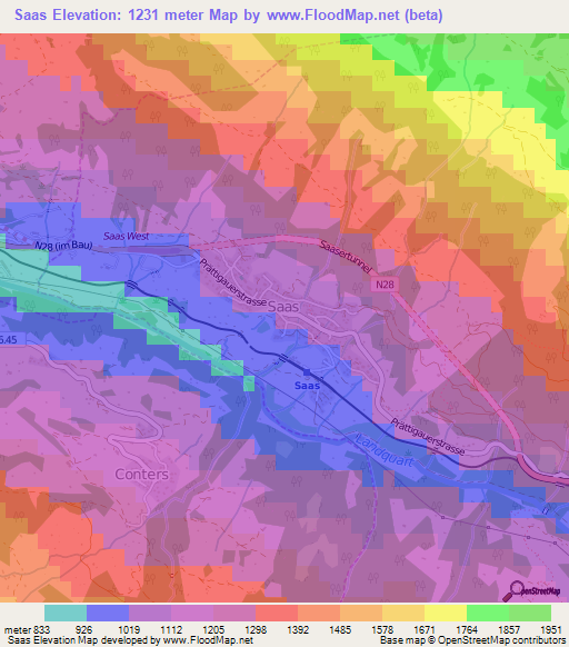 Saas,Switzerland Elevation Map