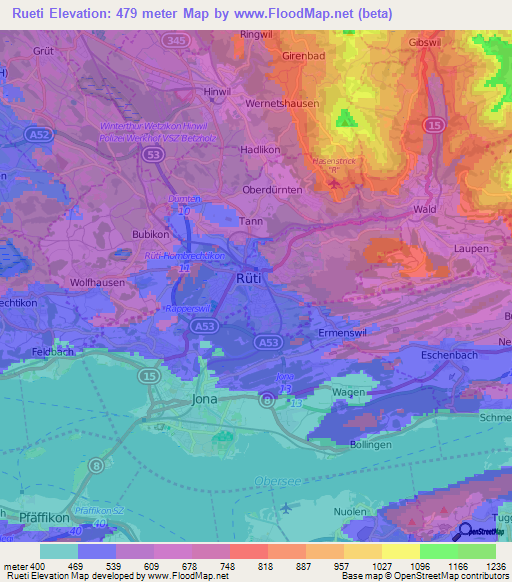 Rueti,Switzerland Elevation Map