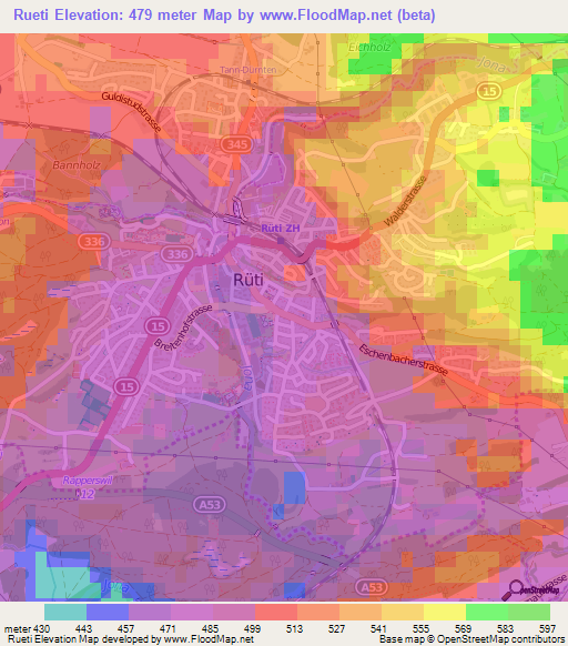 Rueti,Switzerland Elevation Map