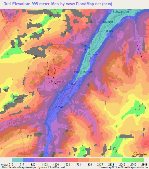 Ruti,Switzerland Elevation Map