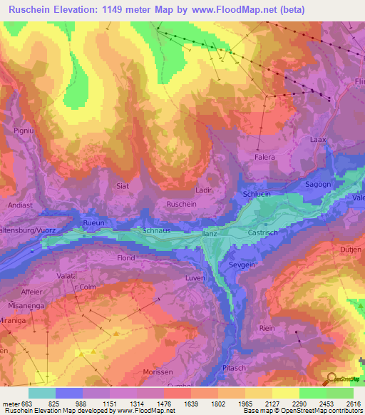 Ruschein,Switzerland Elevation Map