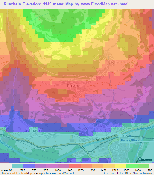 Ruschein,Switzerland Elevation Map