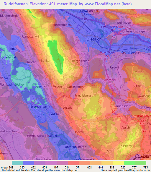 Rudolfstetten,Switzerland Elevation Map