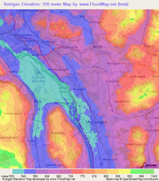 Rubigen,Switzerland Elevation Map