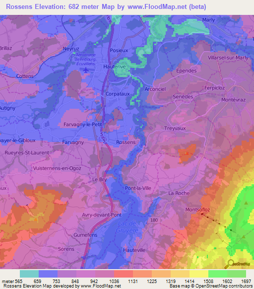 Rossens,Switzerland Elevation Map