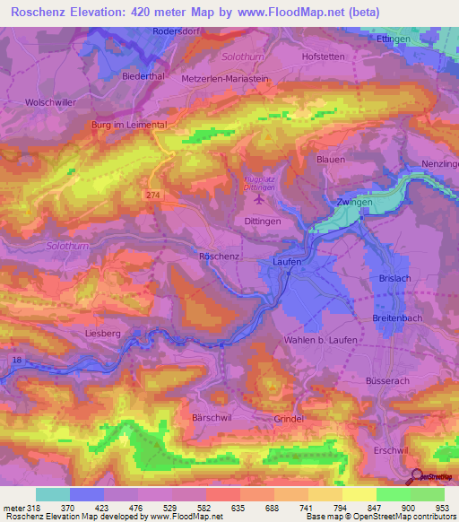 Roschenz,Switzerland Elevation Map