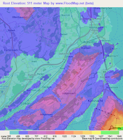 Root,Switzerland Elevation Map