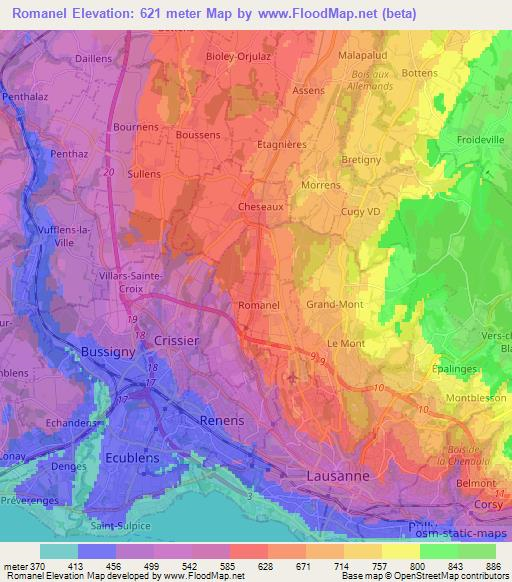 Romanel,Switzerland Elevation Map