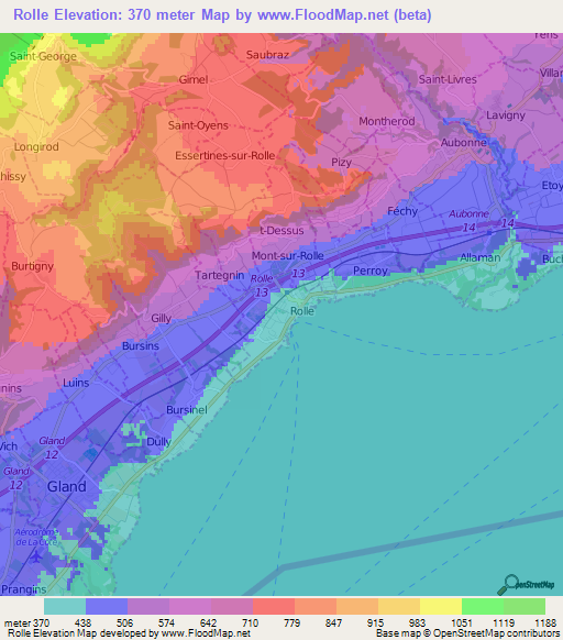 Rolle,Switzerland Elevation Map