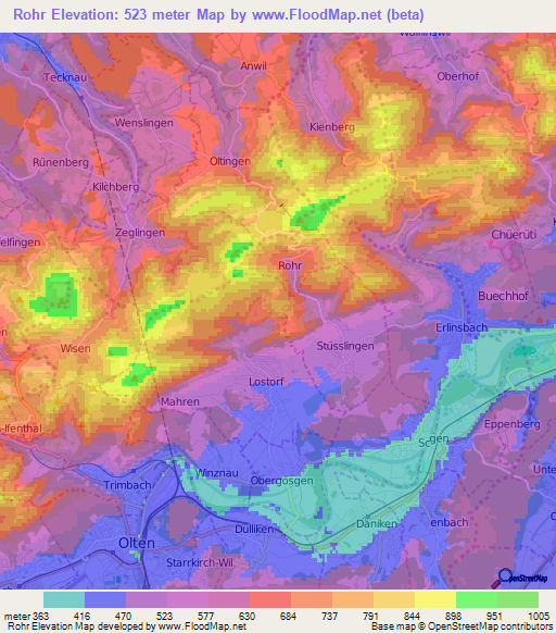 Rohr,Switzerland Elevation Map