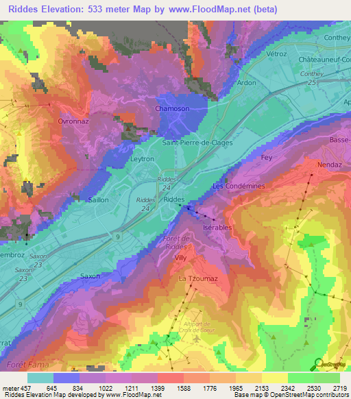 Riddes,Switzerland Elevation Map