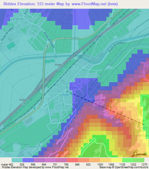 Riddes,Switzerland Elevation Map