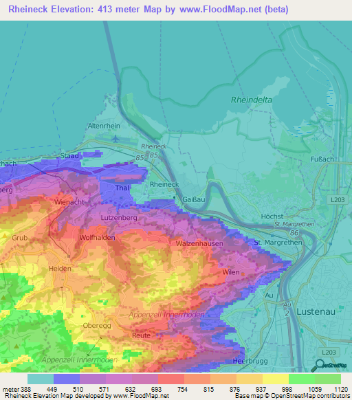 Rheineck,Switzerland Elevation Map