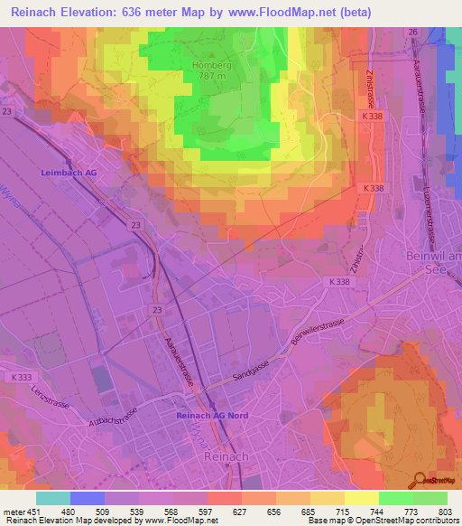 Reinach,Switzerland Elevation Map