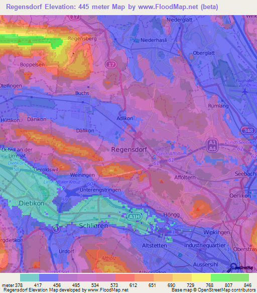 Regensdorf,Switzerland Elevation Map