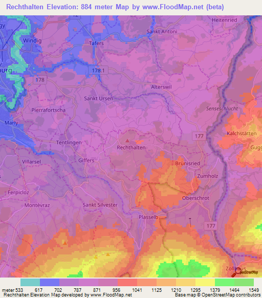 Rechthalten,Switzerland Elevation Map