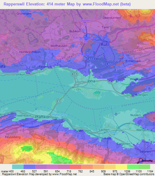 Rapperswil,Switzerland Elevation Map