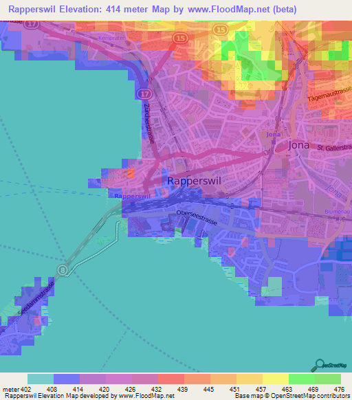 Rapperswil,Switzerland Elevation Map